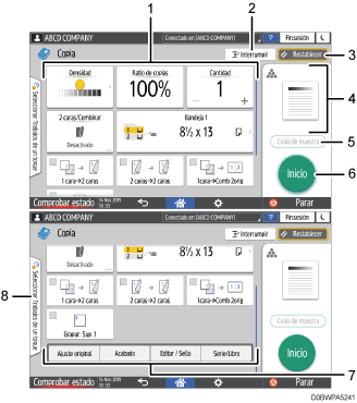 Ilustración con llamadas numeradas de la pantalla del panel de mandos