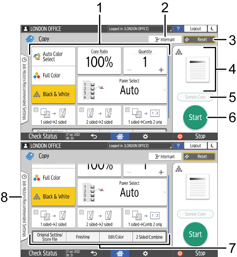 Operation panel screen illustration numbered callout illustration