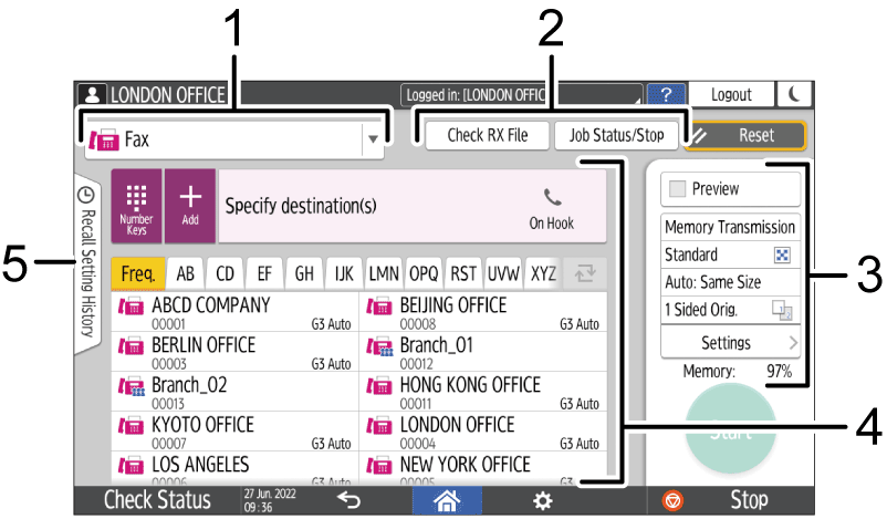 Operation panel screen illustration numbered callout illustration