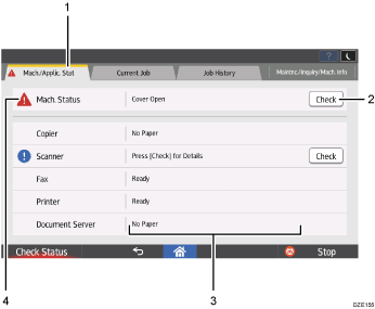 Operation panel screen numbered callout illustration