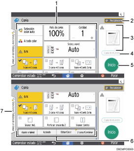 Ilustración con llamadas numeradas de la pantalla del panel de mandos