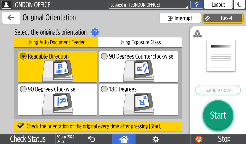 Operation panel screen illustration