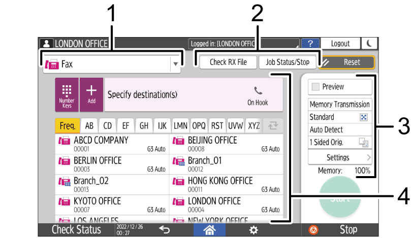 Operation panel screen illustration numbered callout illustration
