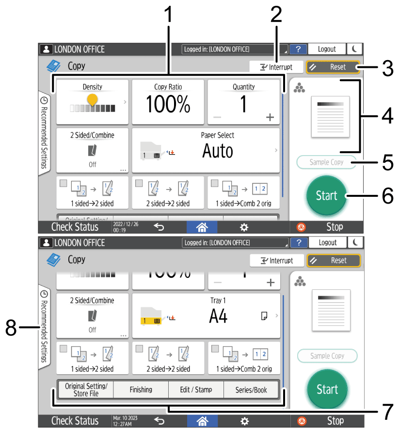 Operation panel screen illustration numbered callout illustration