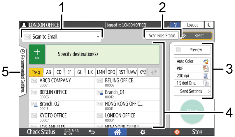Operation panel screen illustration numbered callout illustration