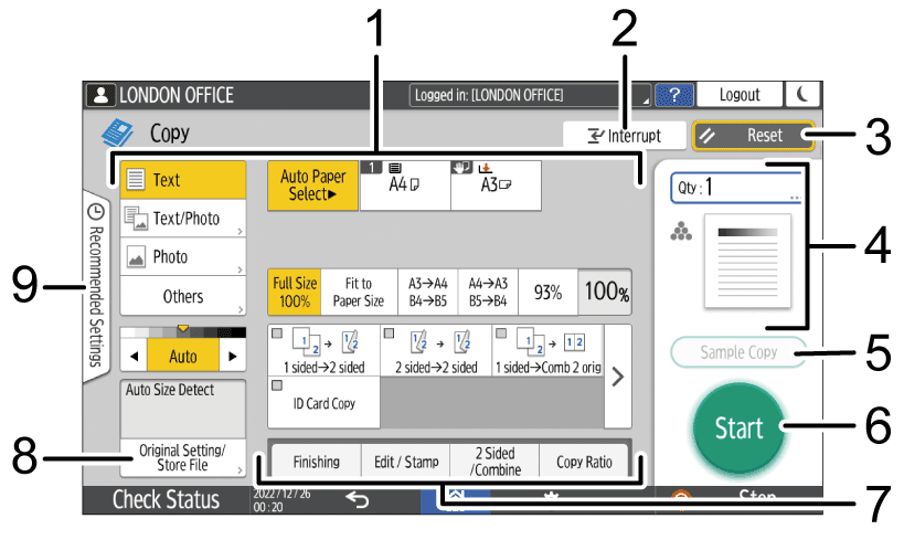 Operation panel screen illustration numbered callout illustration
