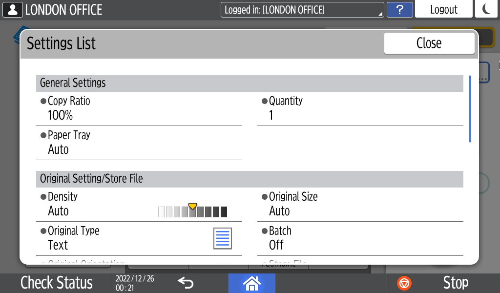 Operation panel screen illustration