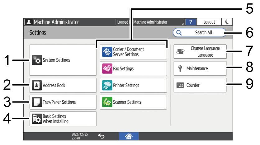 Operation panel screen illustration numbered callout illustration