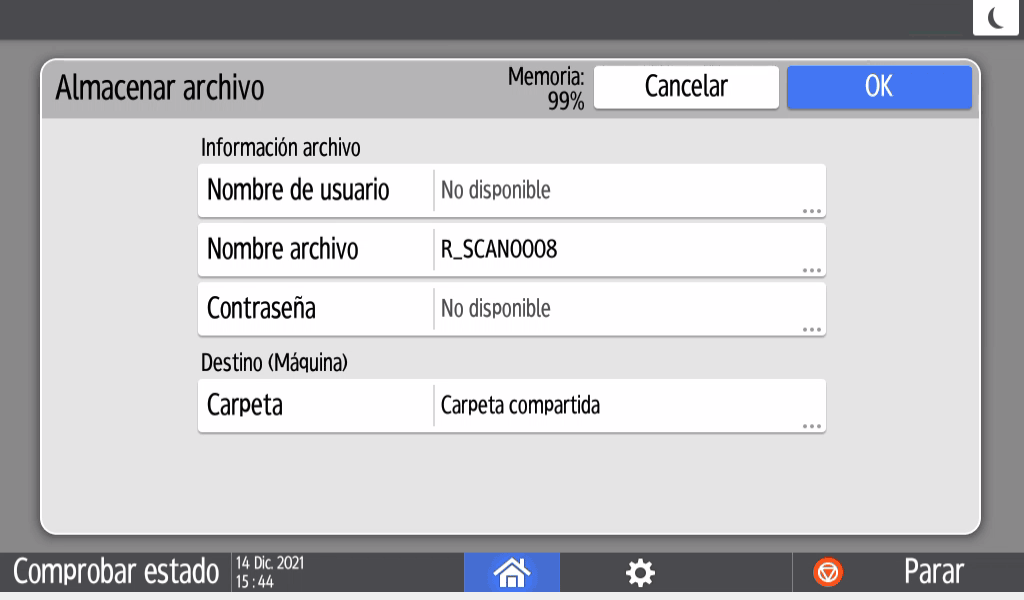 Ilustración de la pantalla del panel de operaciones