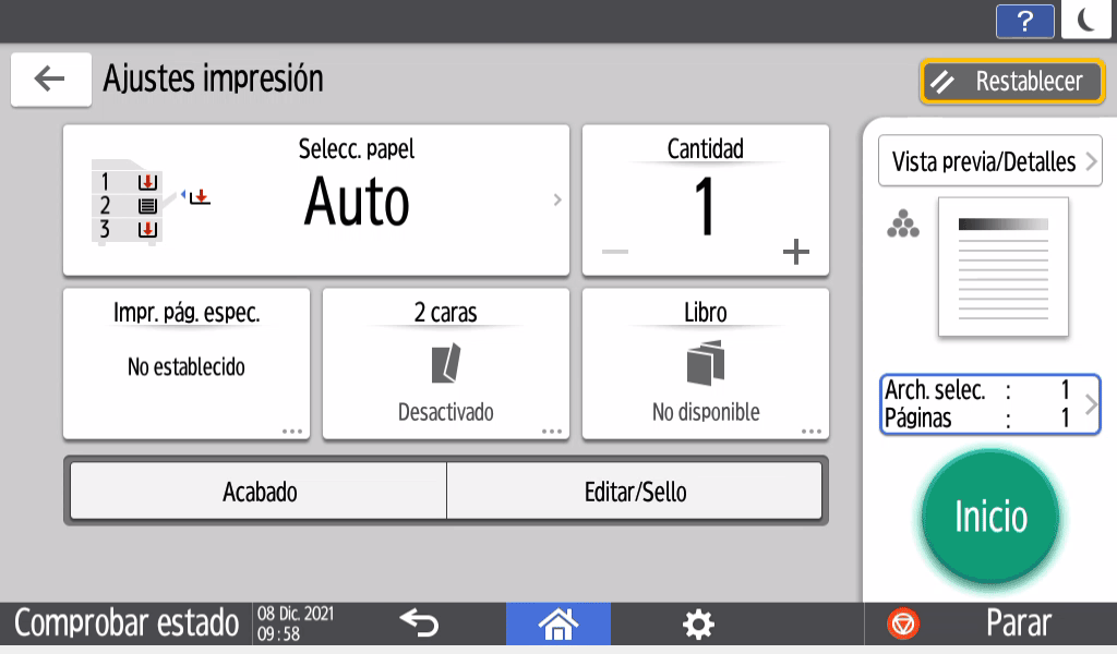 Ilustración de la pantalla del panel de operaciones