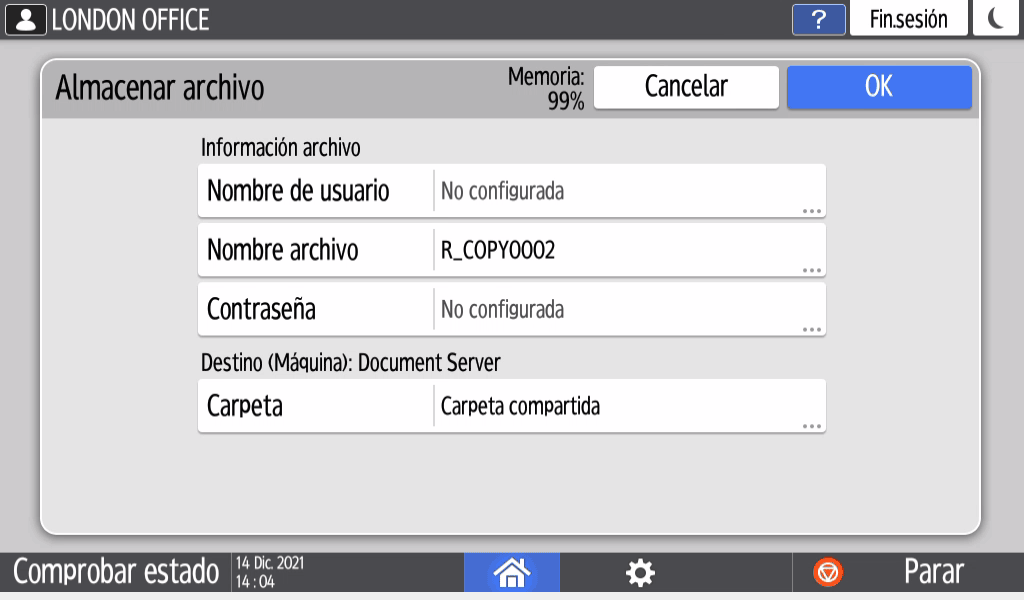 Ilustración de la pantalla del panel de operaciones