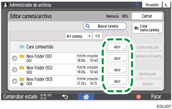 Ilustración de la pantalla del panel de operaciones