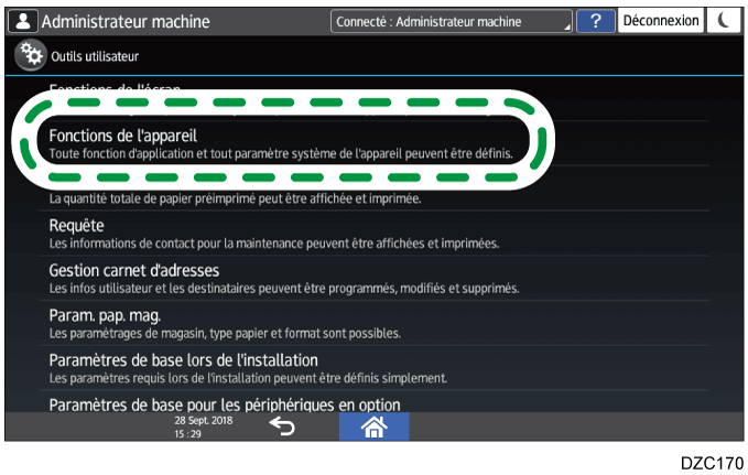 Illustration de l'écran du panneau de commande