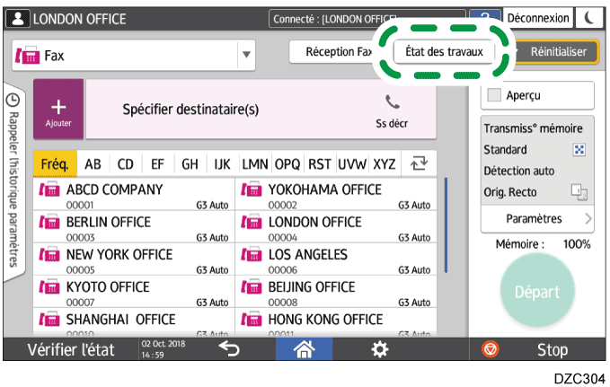 Illustration de l'écran du panneau de commande