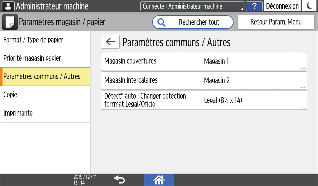 Illustration de l'écran du panneau de commande