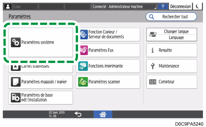 Illustration de l'écran du panneau de commande