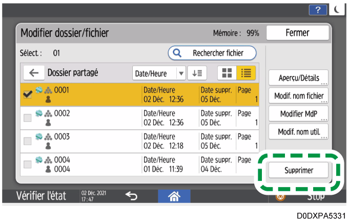 Illustration de l'écran du panneau de commande