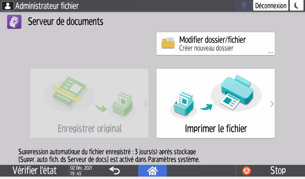 Illustration de l'écran du panneau de commande