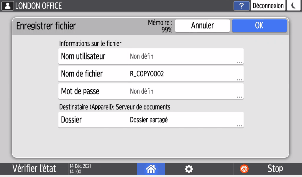 Illustration de l'écran du panneau de commande