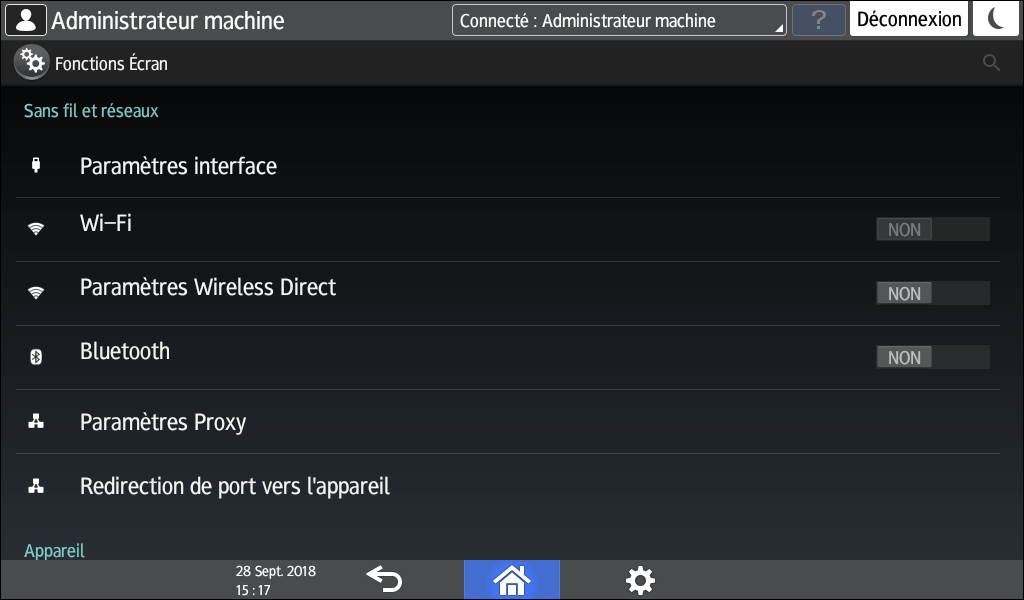 Illustration de l'écran du panneau de commande