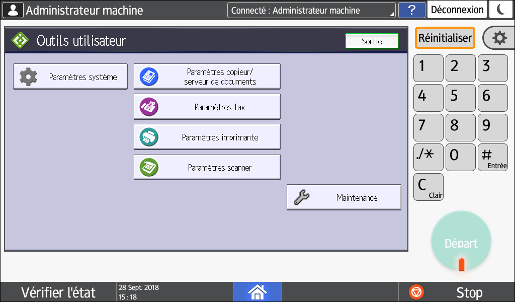 Illustration de l'écran du panneau de commande