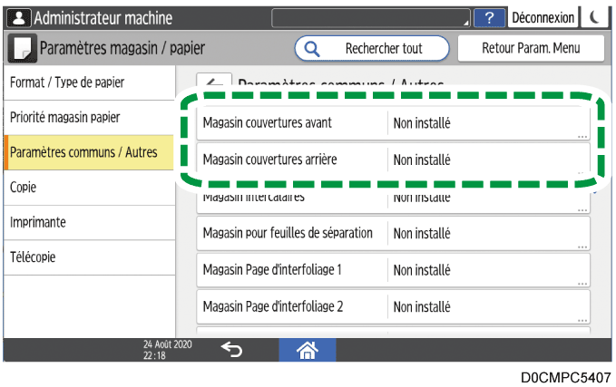 Illustration de l'écran du panneau de commande