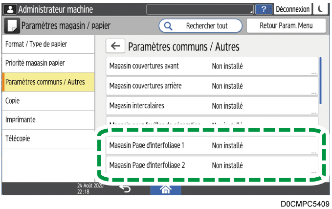 Illustration de l'écran du panneau de commande