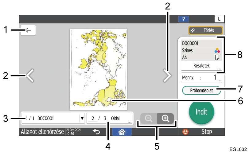 Kezelőpanel képernyőjének illusztrációja számozott jelölésű illusztráció
