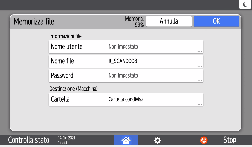Illustrazione della schermata sul pannello di controllo