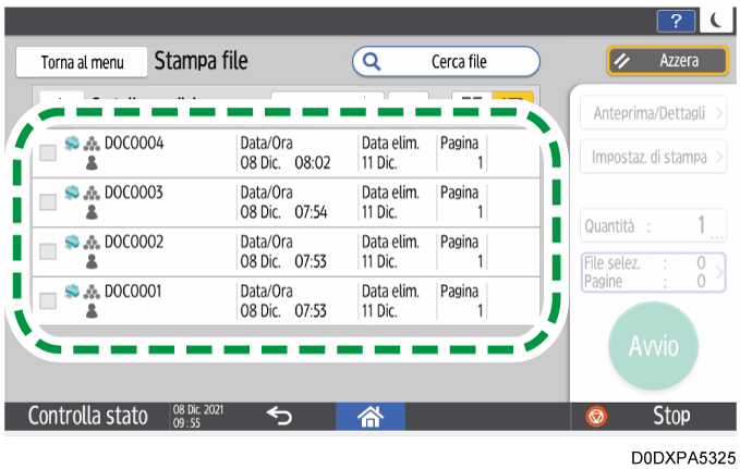 Illustrazione della schermata sul pannello di controllo