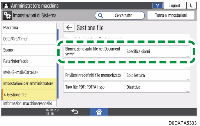 Illustrazione della schermata sul pannello di controllo