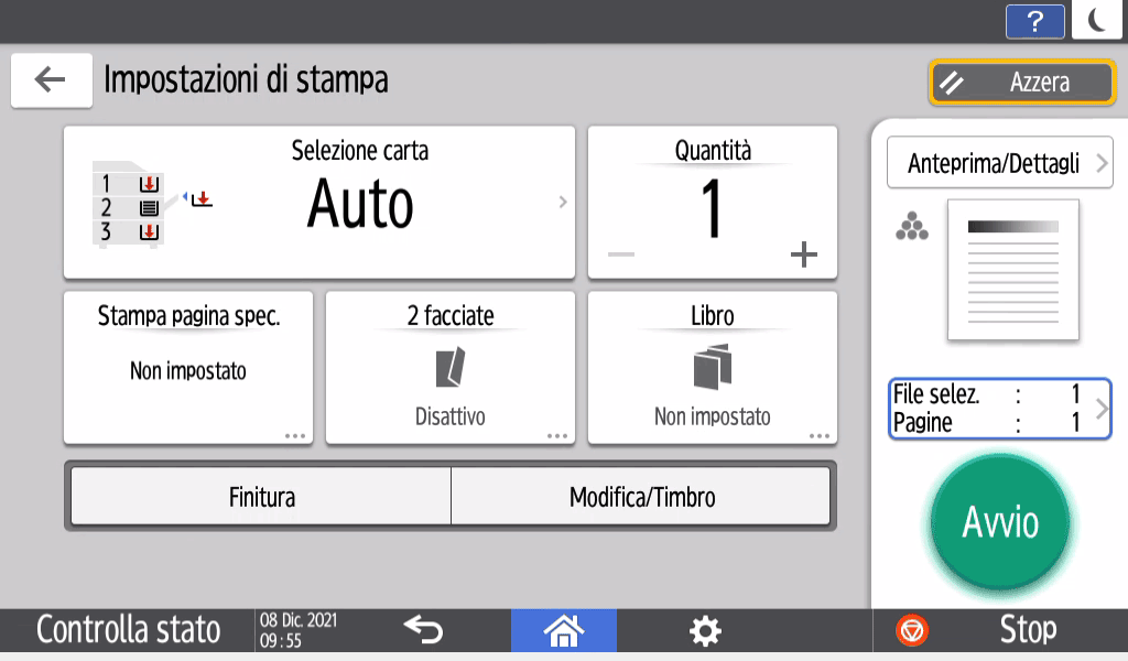 Illustrazione della schermata sul pannello di controllo