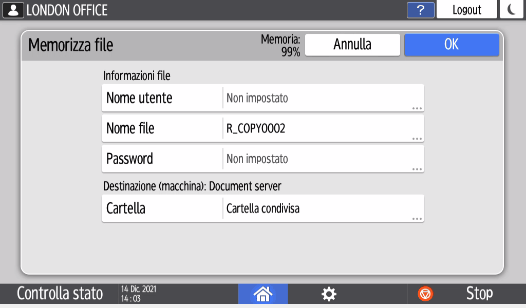 Illustrazione della schermata sul pannello di controllo
