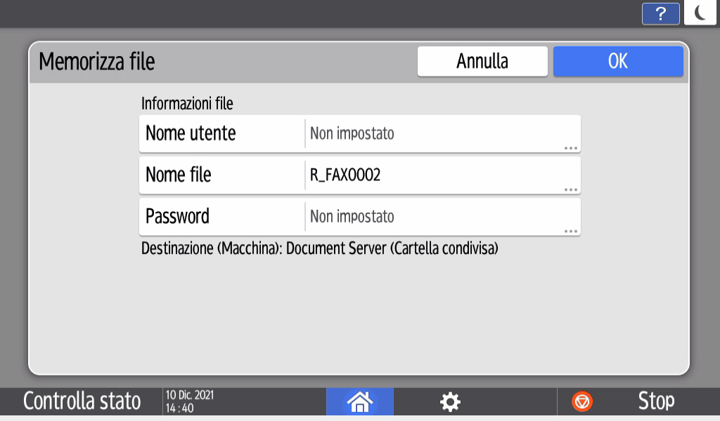 Illustrazione della schermata sul pannello di controllo