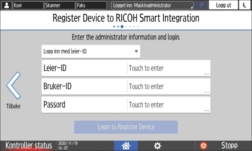 Illustrasjon av betjeningspanelet