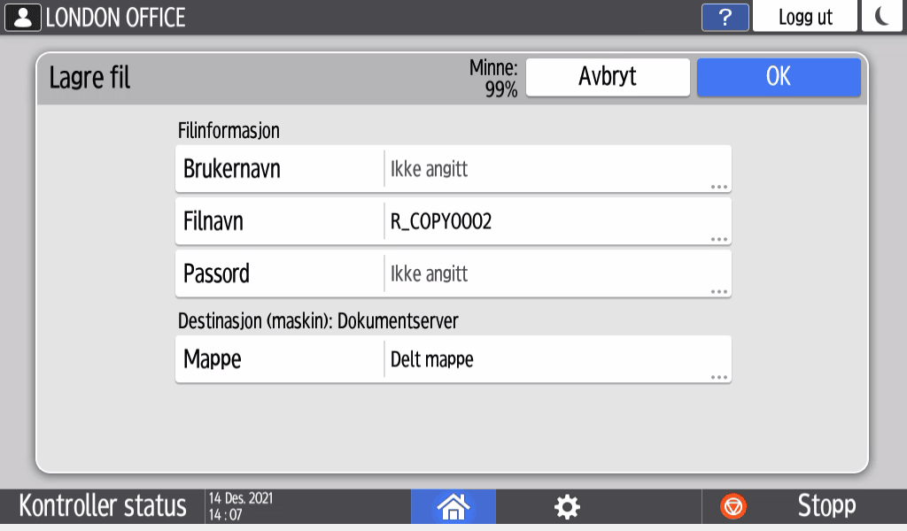 Illustrasjon av betjeningspanelet