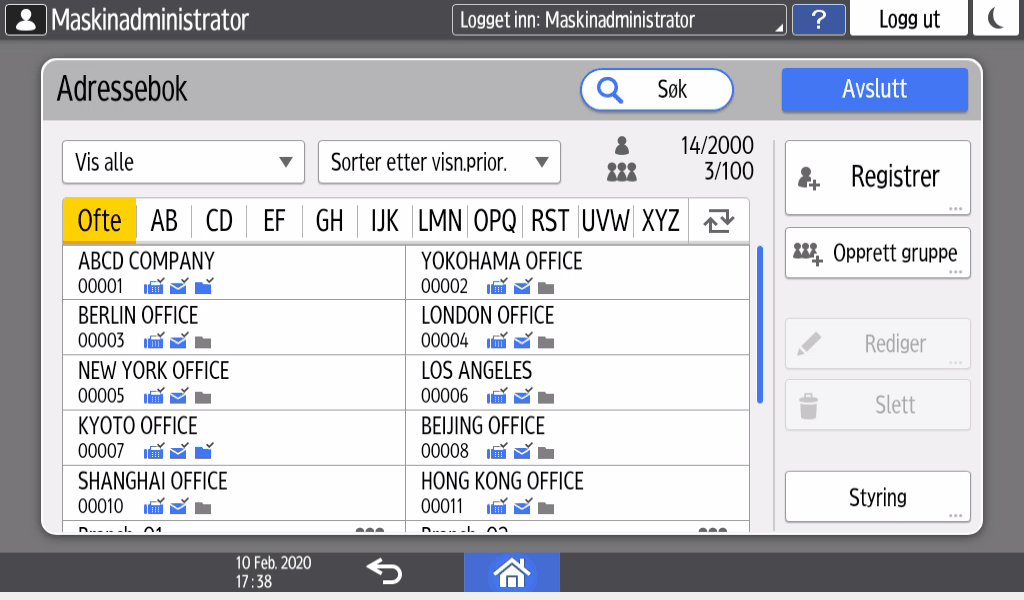 Illustrasjon av betjeningspanelet