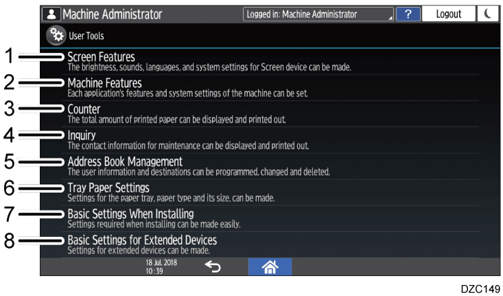 Ilustracja ekranu panela oznaczona numerowanymi odsyłaczami