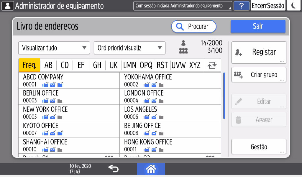 Ilustração do ecrã do painel de operação