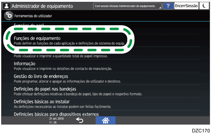 Ilustração do ecrã do painel de operação