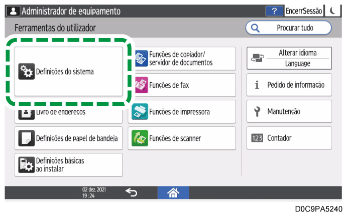 Ilustração do ecrã do painel de operação