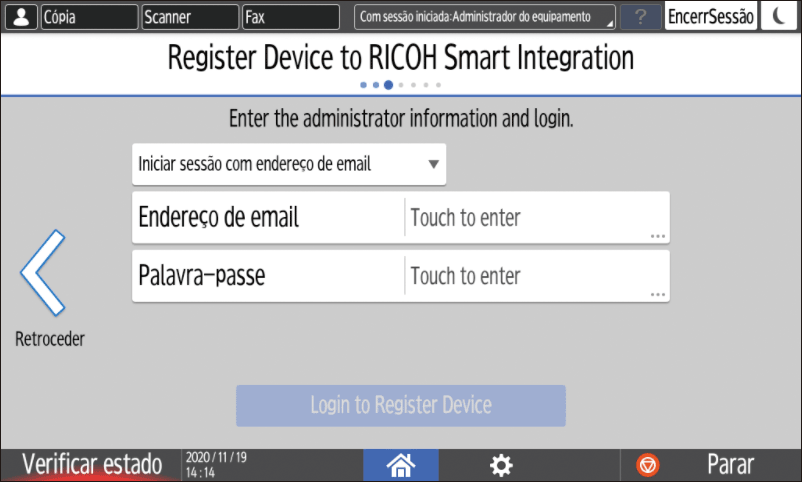 Ilustração do ecrã do painel de operação