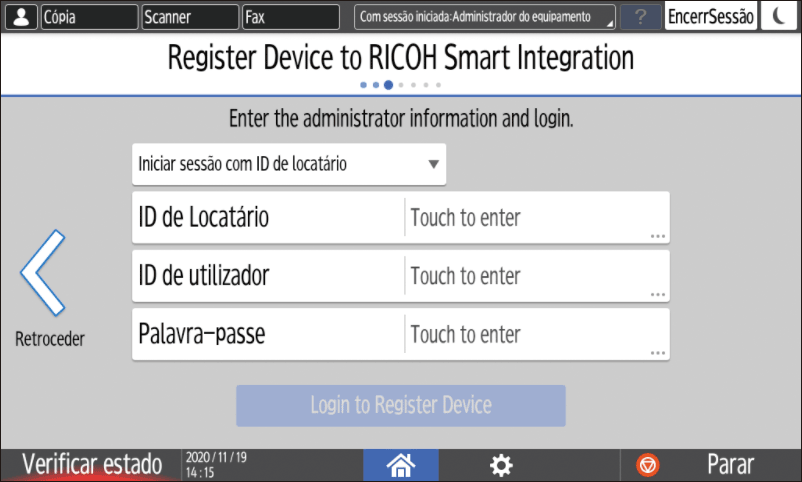 Ilustração do ecrã do painel de operação