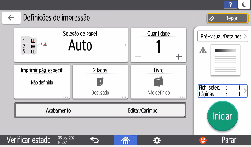 Ilustração do ecrã do painel de operação