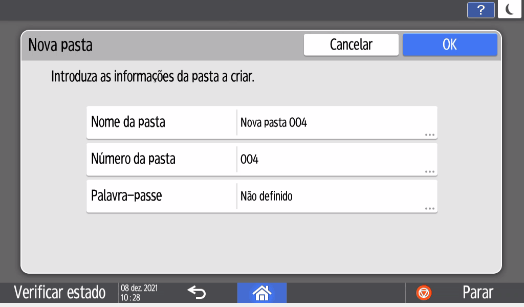 Ilustração do ecrã do painel de operação