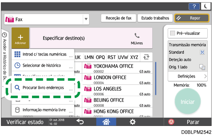 Ilustração do ecrã do painel de operação