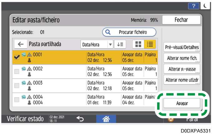 Ilustração do ecrã do painel de operação