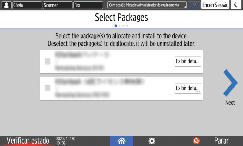 Ilustração do ecrã do painel de operação