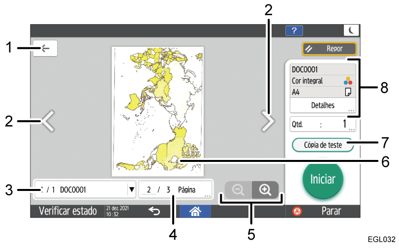 Ilustração com numeração do ecrã do painel de operação