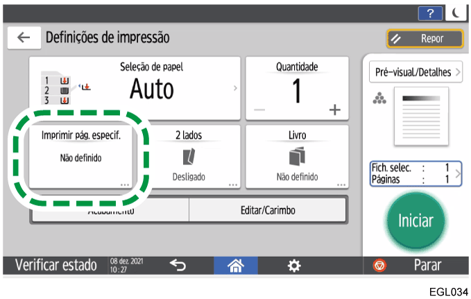 Ilustração do ecrã do painel de operação